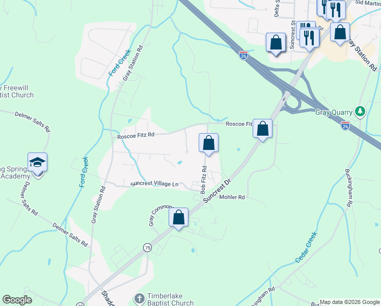 map of restaurants, bars, coffee shops, grocery stores, and more near 147 Bob Fitz Road in Gray