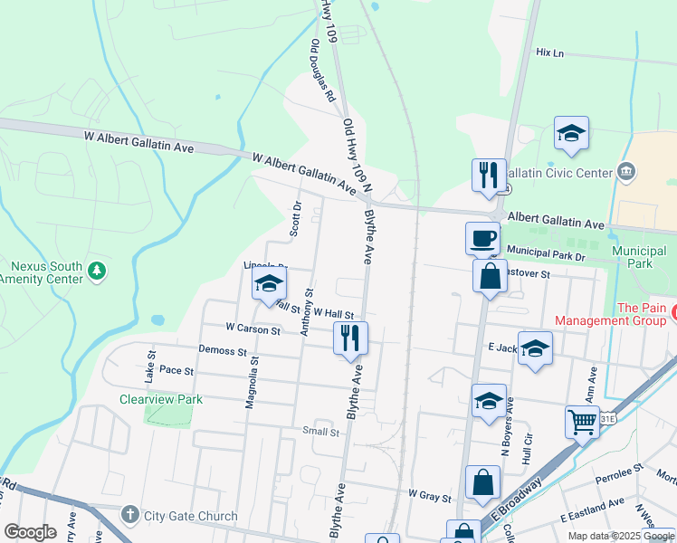 map of restaurants, bars, coffee shops, grocery stores, and more near 723 Anthony Street in Gallatin