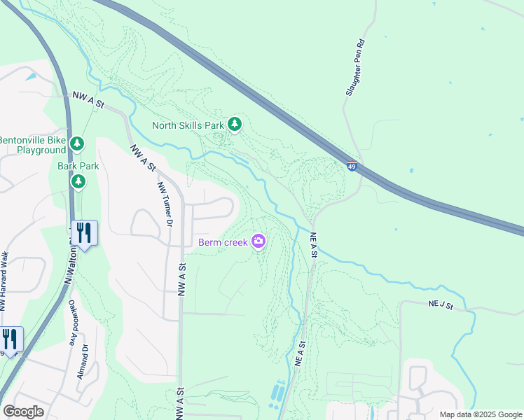 map of restaurants, bars, coffee shops, grocery stores, and more near North Bentonville Trail in Bentonville