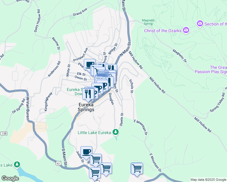 map of restaurants, bars, coffee shops, grocery stores, and more near 20 Flint Street in Eureka Springs