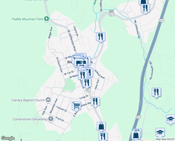map of restaurants, bars, coffee shops, grocery stores, and more near 109 East Main Street in West Jefferson