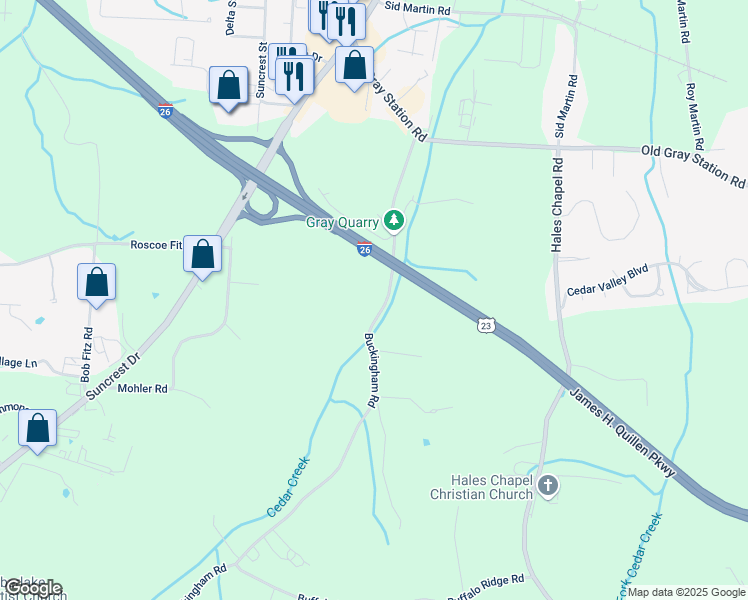 map of restaurants, bars, coffee shops, grocery stores, and more near 211 Buckingham Road in Gray