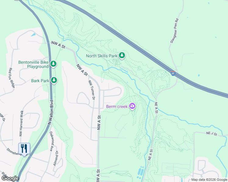 map of restaurants, bars, coffee shops, grocery stores, and more near 43 Valley View Circle in Bentonville