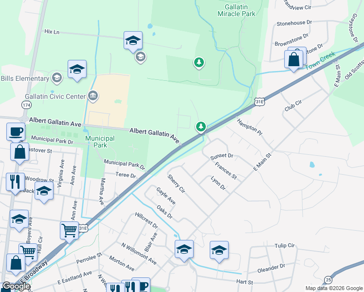 map of restaurants, bars, coffee shops, grocery stores, and more near Gallatin Pike in Gallatin