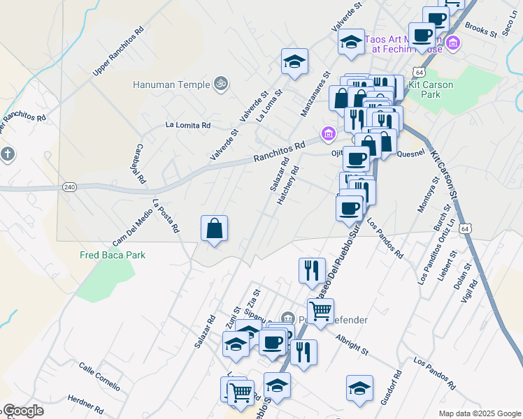 map of restaurants, bars, coffee shops, grocery stores, and more near 383-431 Hatchery Road in Taos