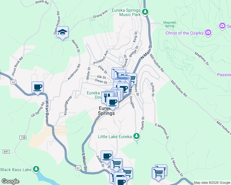 map of restaurants, bars, coffee shops, grocery stores, and more near 1 Benton Street in Eureka Springs