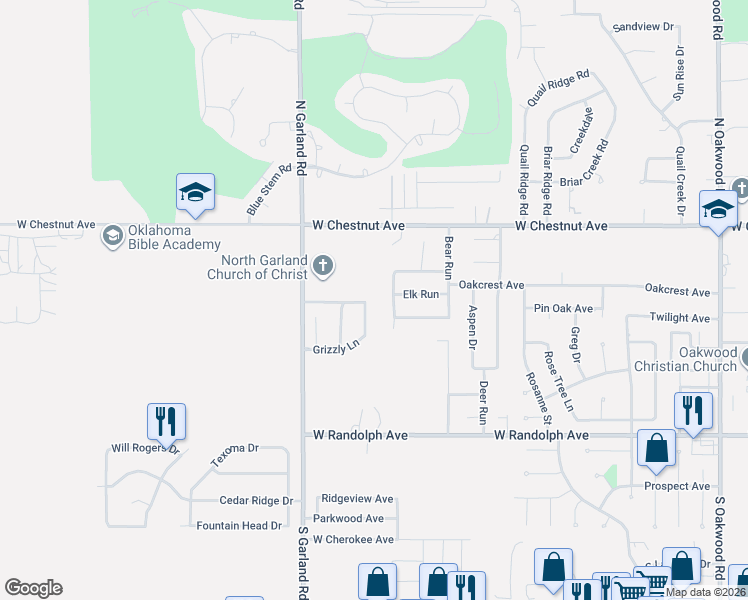 map of restaurants, bars, coffee shops, grocery stores, and more near 515 Grizzly Lane in Enid