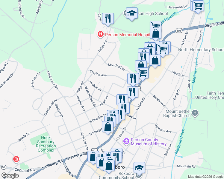 map of restaurants, bars, coffee shops, grocery stores, and more near 411 Jones Street in Roxboro