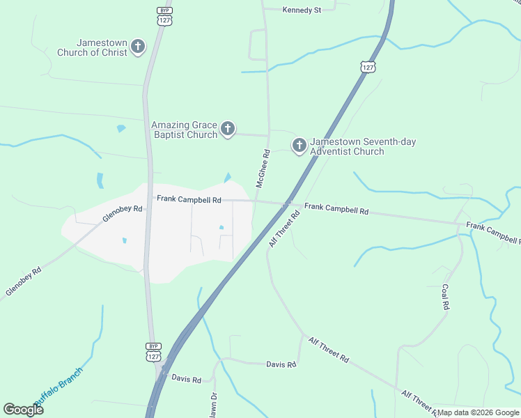 map of restaurants, bars, coffee shops, grocery stores, and more near 101 North Alf Threet Road in Jamestown