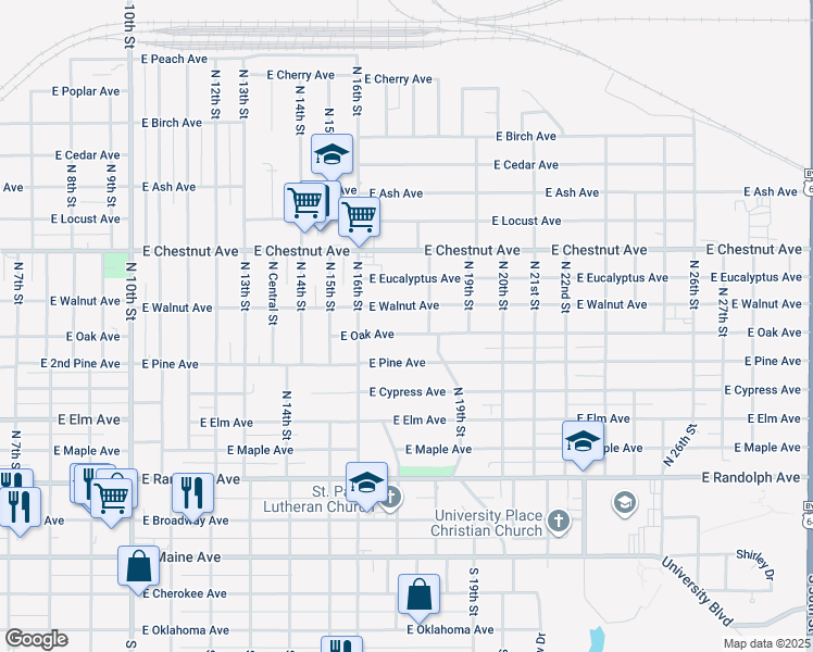 map of restaurants, bars, coffee shops, grocery stores, and more near 1720 East Walnut Avenue in Enid