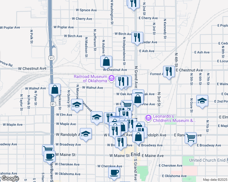 map of restaurants, bars, coffee shops, grocery stores, and more near 221 W Walnut Ave in Enid