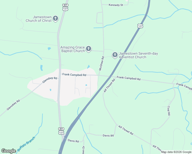 map of restaurants, bars, coffee shops, grocery stores, and more near 1205 Frank Campbell Road in Jamestown