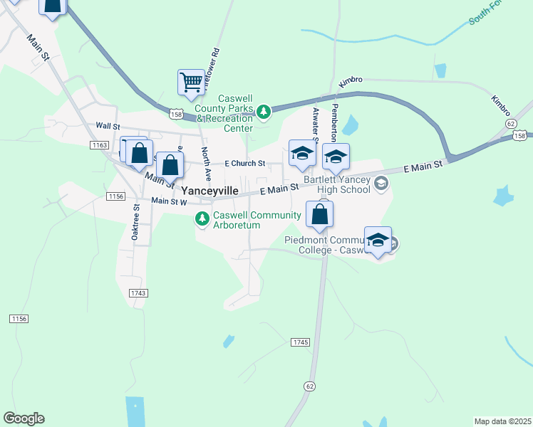 map of restaurants, bars, coffee shops, grocery stores, and more near 216 Main Street in Yanceyville