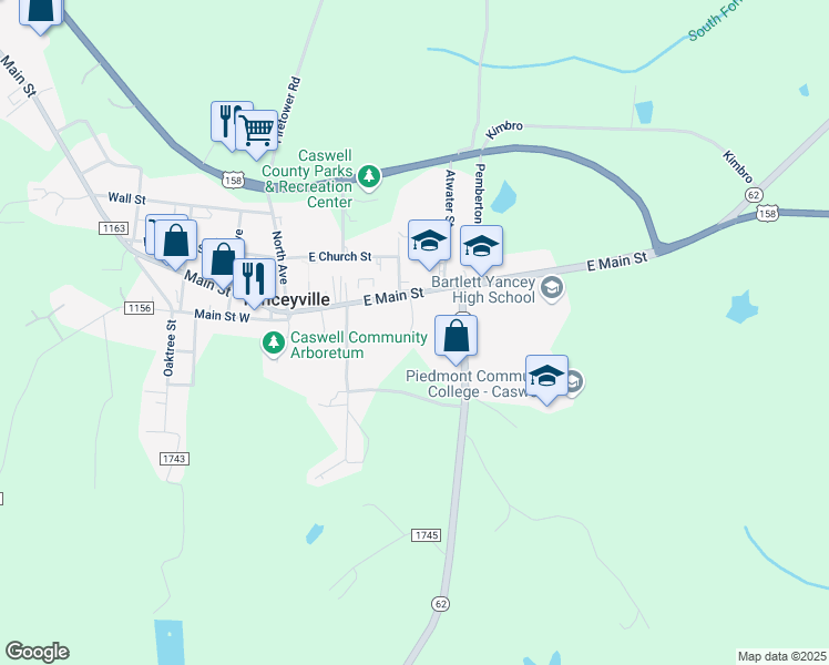 map of restaurants, bars, coffee shops, grocery stores, and more near 179 Murphy Street in Yanceyville