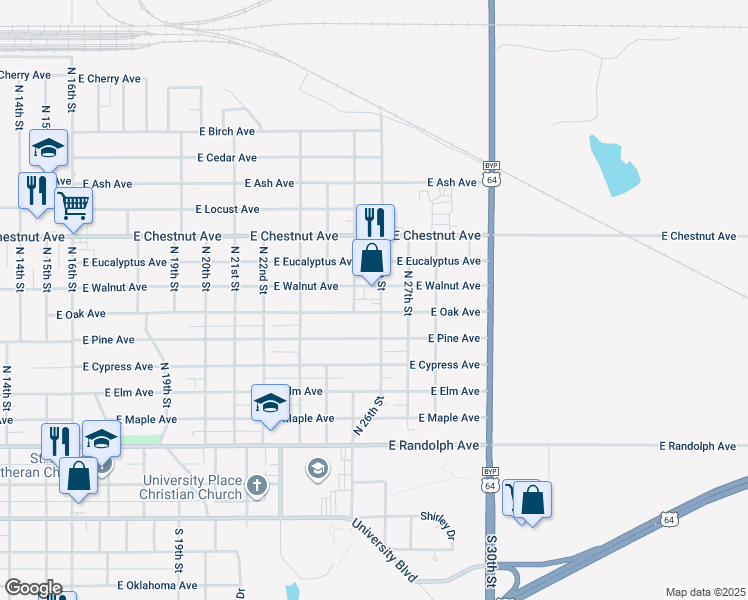 map of restaurants, bars, coffee shops, grocery stores, and more near 2513 East Walnut Avenue in Enid