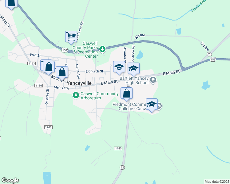 map of restaurants, bars, coffee shops, grocery stores, and more near 179 Murphy Street in Yanceyville
