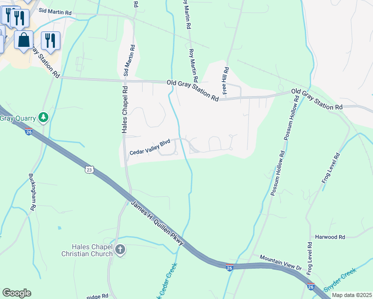 map of restaurants, bars, coffee shops, grocery stores, and more near 259 Cedar Lane in Johnson City