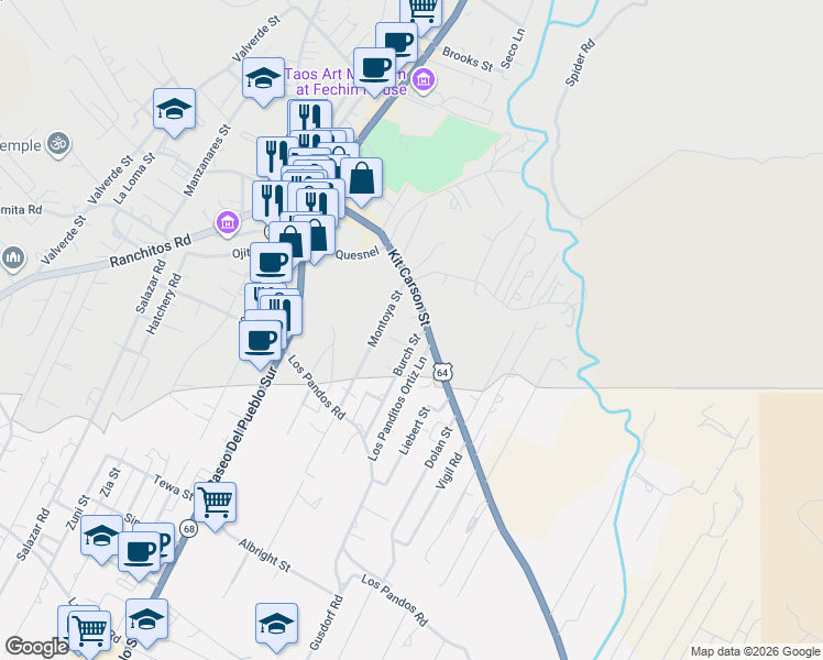 map of restaurants, bars, coffee shops, grocery stores, and more near 306 Kit Carson Road in Taos