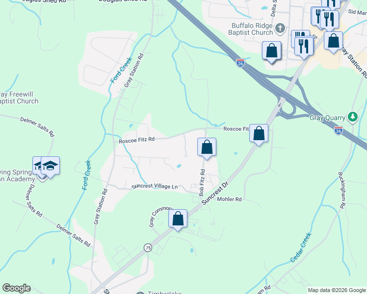 map of restaurants, bars, coffee shops, grocery stores, and more near 203 Roscoe Fitz Road in Gray
