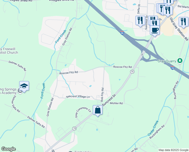 map of restaurants, bars, coffee shops, grocery stores, and more near 197 Roscoe Fitz Road in Gray