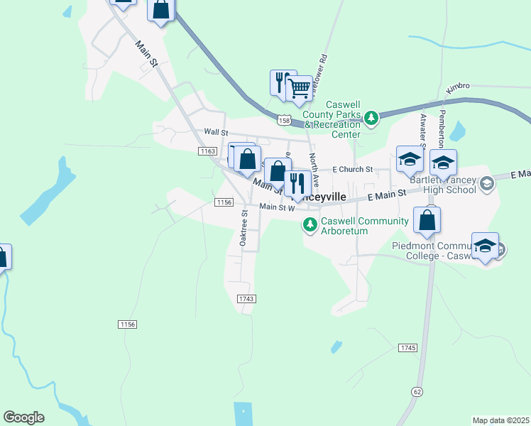 map of restaurants, bars, coffee shops, grocery stores, and more near 141 State Road 1156 in Yanceyville