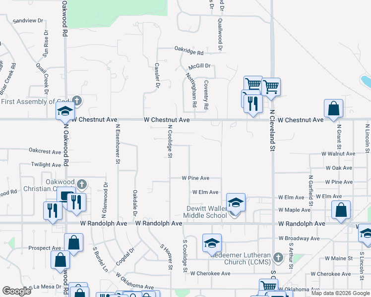 map of restaurants, bars, coffee shops, grocery stores, and more near 2818 West Walnut Avenue in Enid