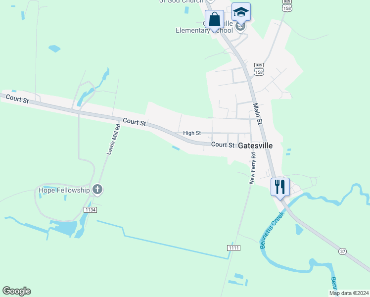 map of restaurants, bars, coffee shops, grocery stores, and more near 202 Court Street in Gatesville
