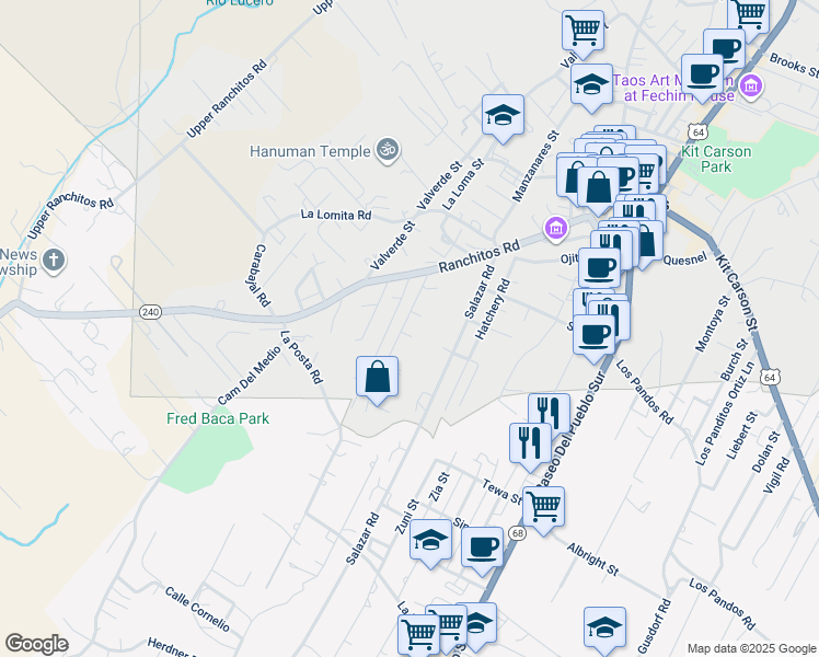 map of restaurants, bars, coffee shops, grocery stores, and more near 300-320 Peralta Rd in Taos