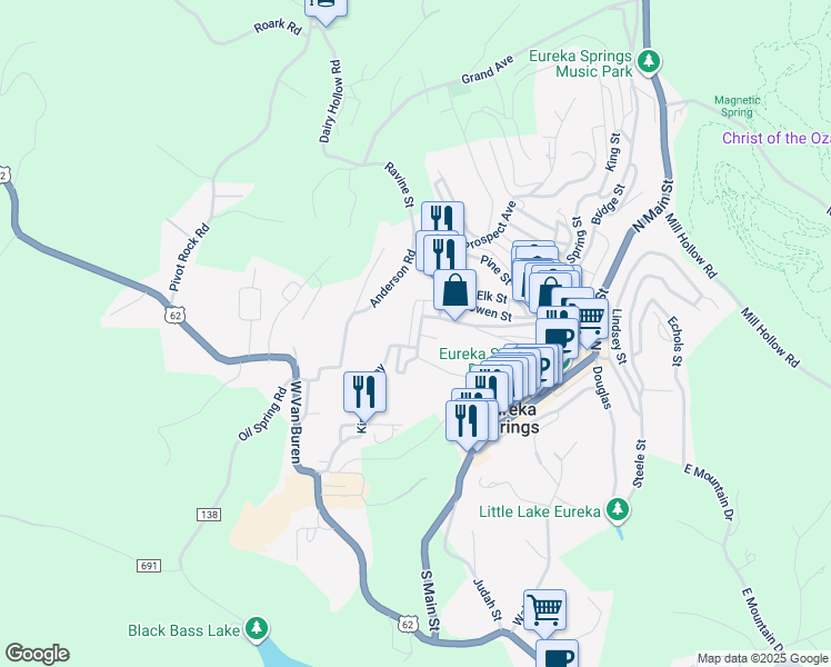 map of restaurants, bars, coffee shops, grocery stores, and more near 80 Mountain Street in Eureka Springs