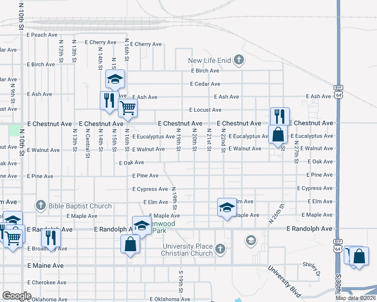 map of restaurants, bars, coffee shops, grocery stores, and more near 1917 East Walnut Avenue in Enid