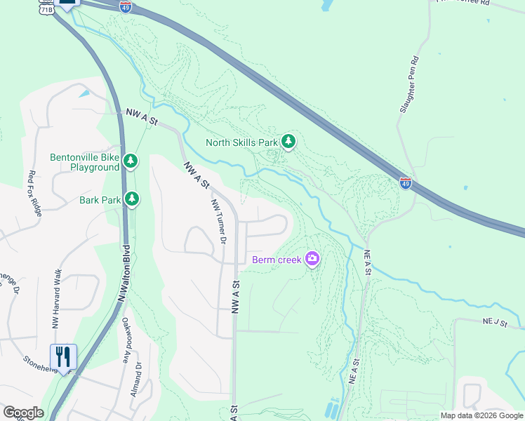 map of restaurants, bars, coffee shops, grocery stores, and more near 6 Ridgeview Lane in Bentonville