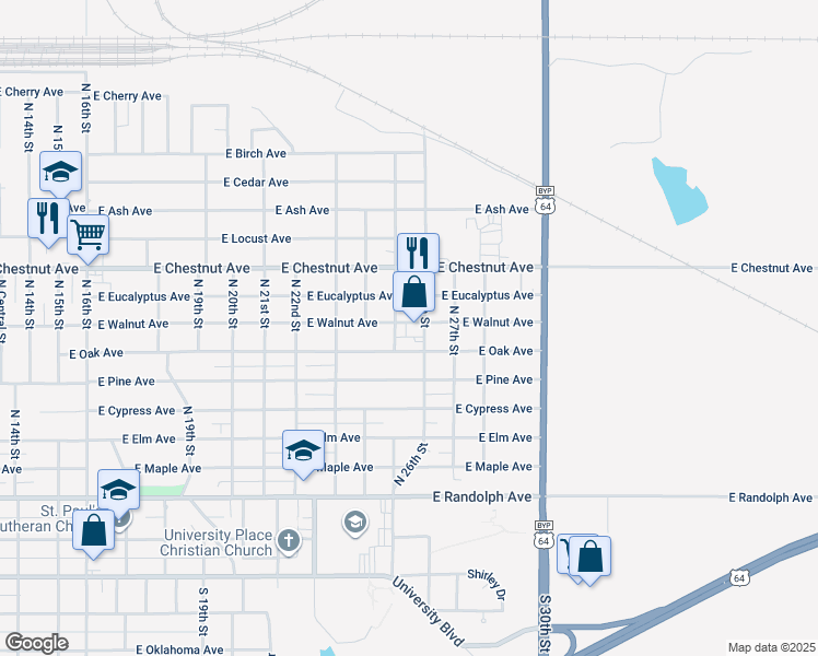 map of restaurants, bars, coffee shops, grocery stores, and more near 2513 East Walnut Avenue in Enid
