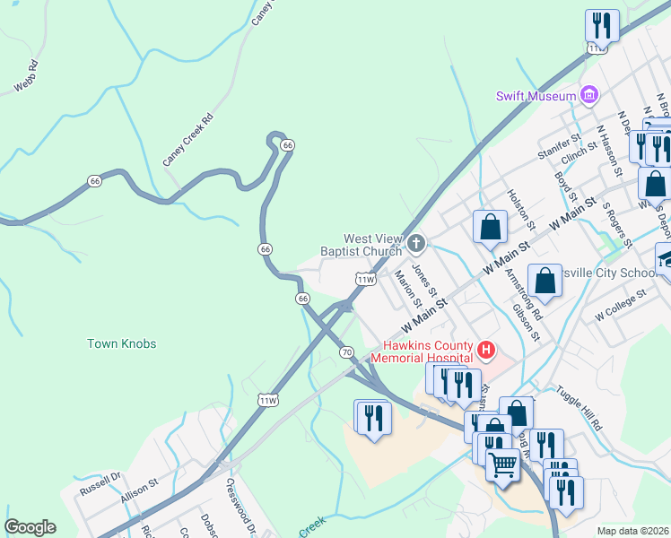map of restaurants, bars, coffee shops, grocery stores, and more near 147 North Brummitt Street in Rogersville