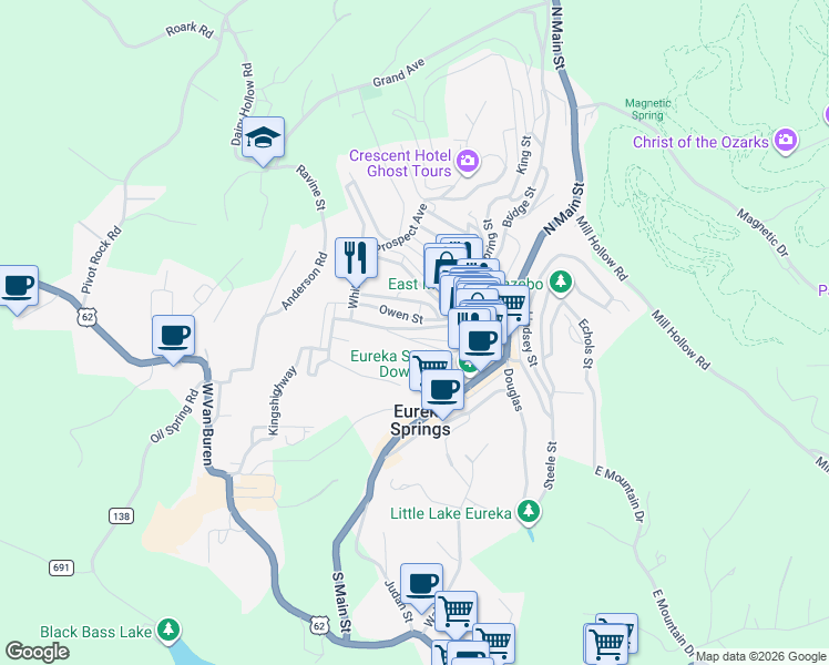 map of restaurants, bars, coffee shops, grocery stores, and more near 44 Mountain Street in Eureka Springs