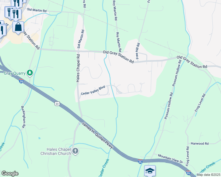 map of restaurants, bars, coffee shops, grocery stores, and more near 259 Cedar Lane in Johnson City