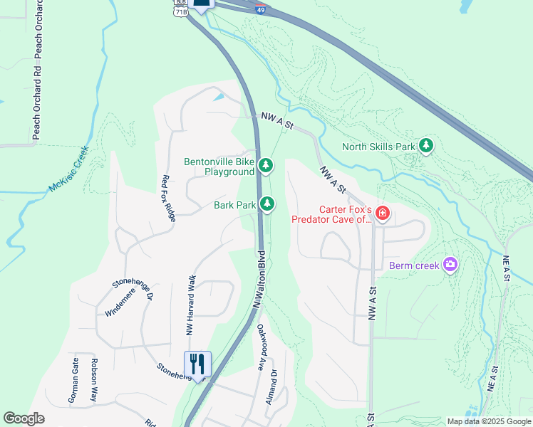 map of restaurants, bars, coffee shops, grocery stores, and more near 2400 North Walton Boulevard in Bentonville