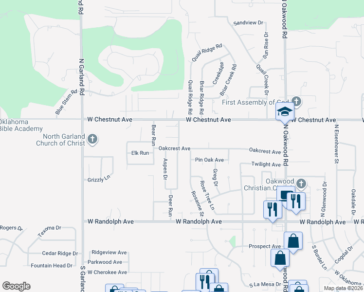 map of restaurants, bars, coffee shops, grocery stores, and more near 701 Deer Run in Enid