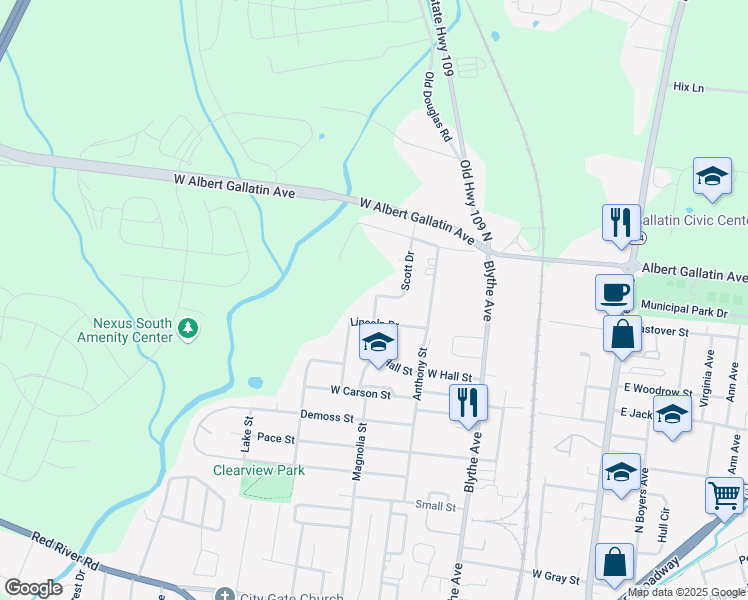 map of restaurants, bars, coffee shops, grocery stores, and more near 107 Hubert Street in Gallatin