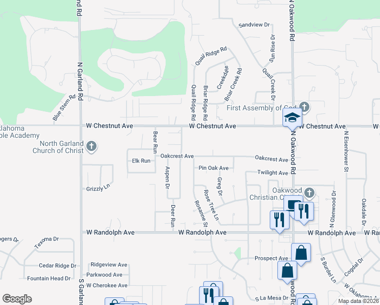 map of restaurants, bars, coffee shops, grocery stores, and more near 701 Deer Run in Enid
