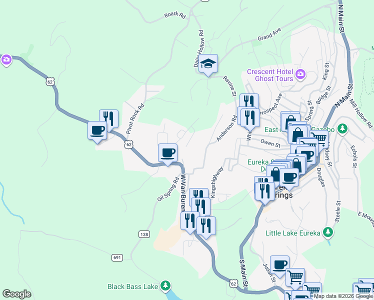 map of restaurants, bars, coffee shops, grocery stores, and more near 111 Jay Lane in Eureka Springs
