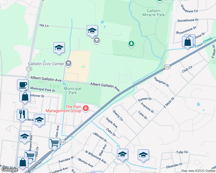 map of restaurants, bars, coffee shops, grocery stores, and more near 255 Albert Gallatin Avenue in Gallatin