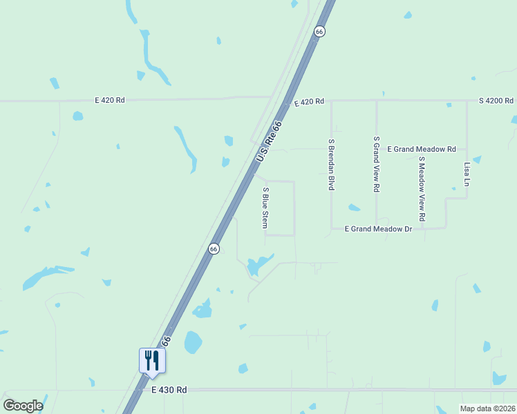 map of restaurants, bars, coffee shops, grocery stores, and more near 14328 South Blue Stem in Claremore