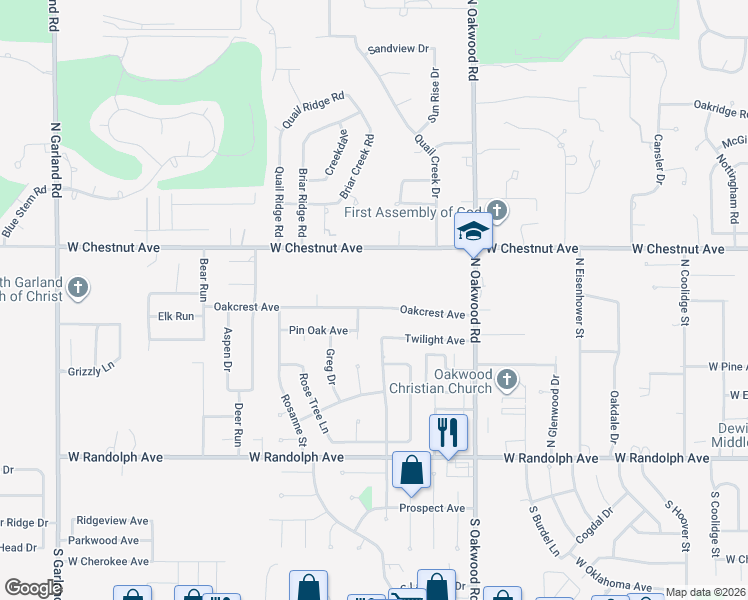 map of restaurants, bars, coffee shops, grocery stores, and more near 4126 Oakcrest Avenue in Enid