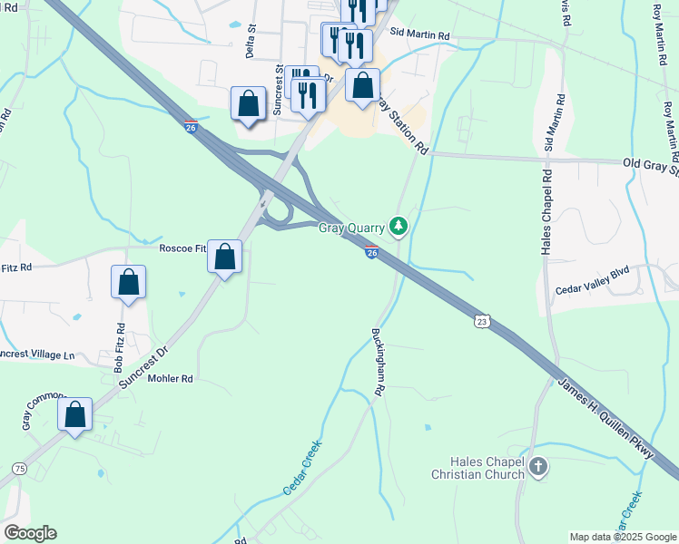 map of restaurants, bars, coffee shops, grocery stores, and more near 199 Buckingham Road in Gray