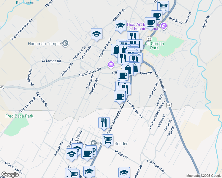map of restaurants, bars, coffee shops, grocery stores, and more near 206 Siler Road in Taos