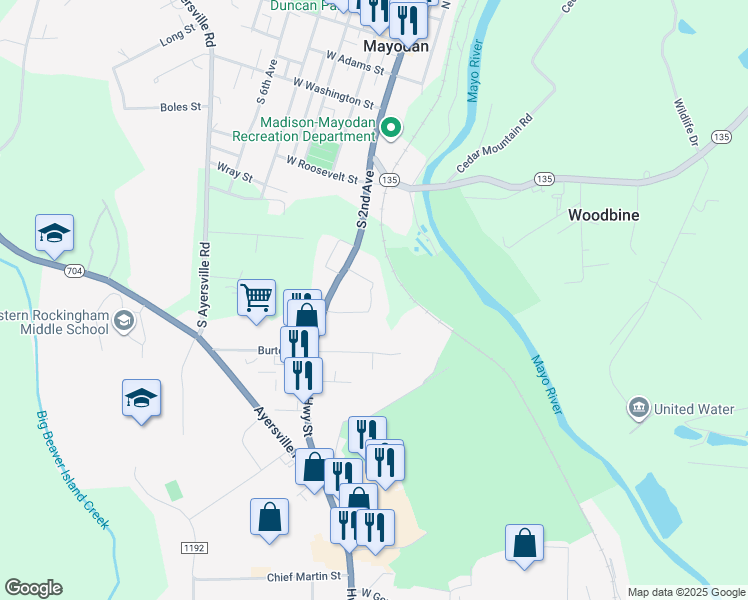 map of restaurants, bars, coffee shops, grocery stores, and more near 100 Whitbeck Drive in Mayodan