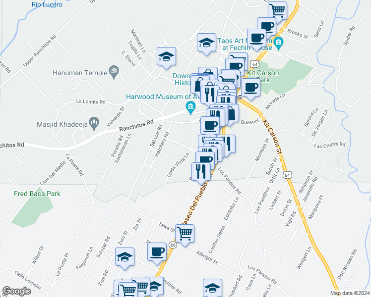 map of restaurants, bars, coffee shops, grocery stores, and more near 207 Siler Road in Taos