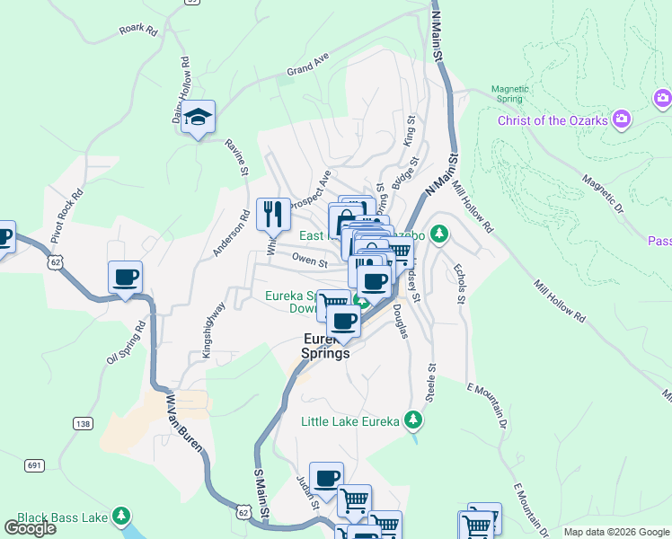 map of restaurants, bars, coffee shops, grocery stores, and more near 44 Mountain Street in Eureka Springs