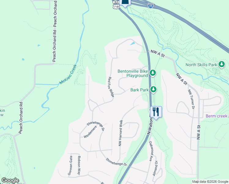 map of restaurants, bars, coffee shops, grocery stores, and more near 3103 Red Fox Ridge in Bentonville