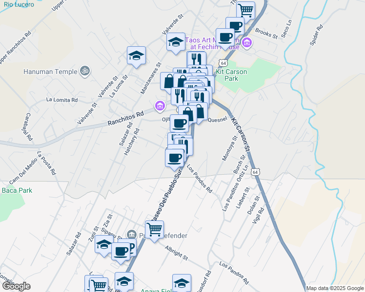 map of restaurants, bars, coffee shops, grocery stores, and more near 224 Paseo Del Pueblo Sur in Taos